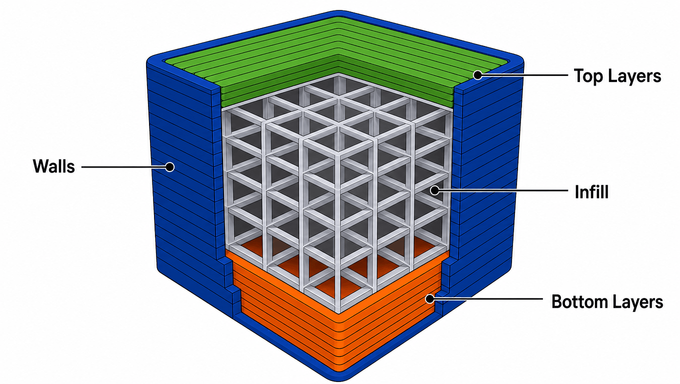 a clean cross-sectional diagram of a 3D printed cube