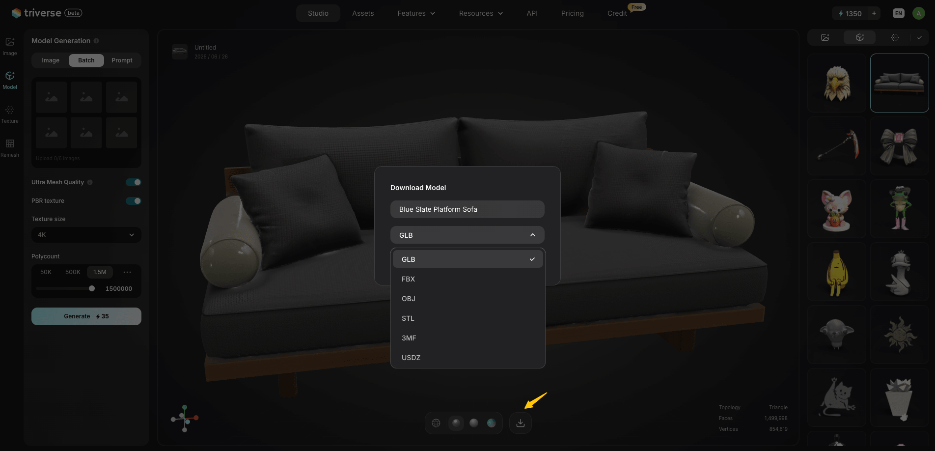 download 3D sofa model in Triverse AI