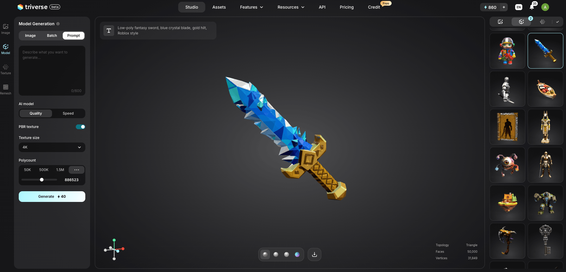 low-poly fancy sword model generated by Triverse AI