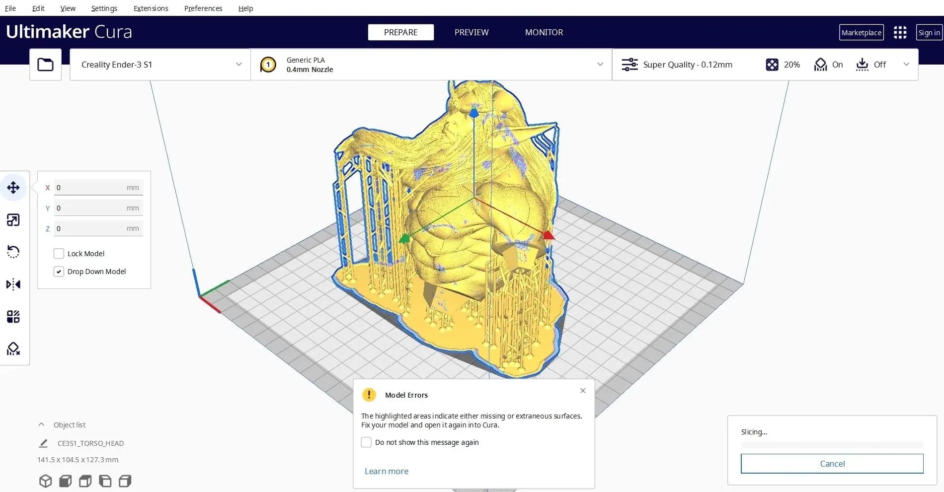 3D model errors in the cura