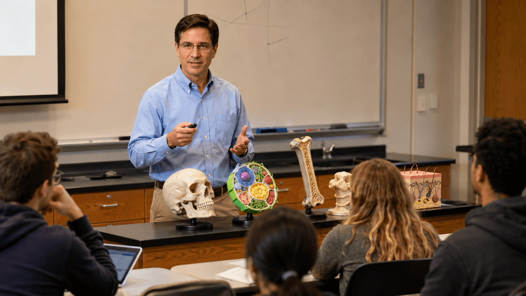 professor is teaching biology class with 3D models
