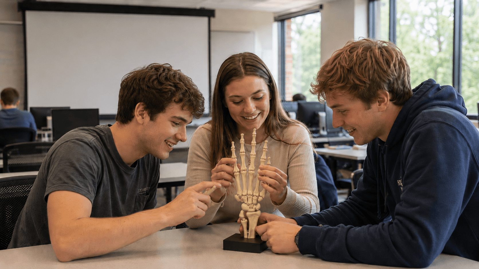 students are touching teaching skeleton model