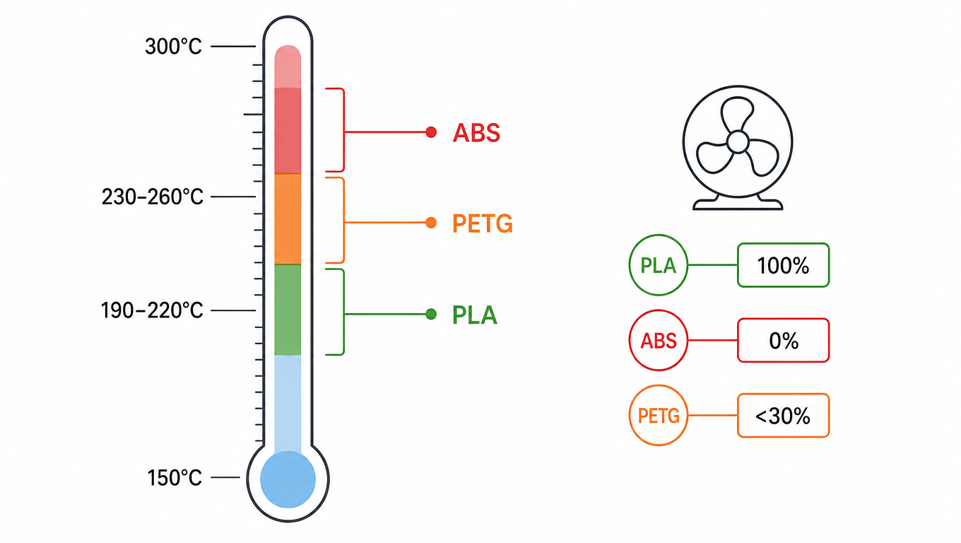 a clean infographic showing temperature ranges for common filaments