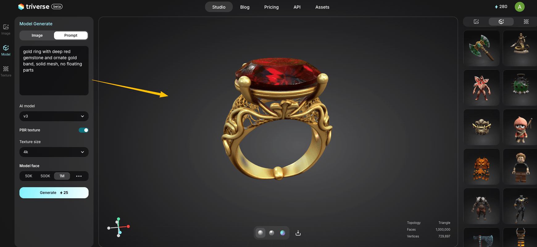 text to gold ring model with Triverse AI