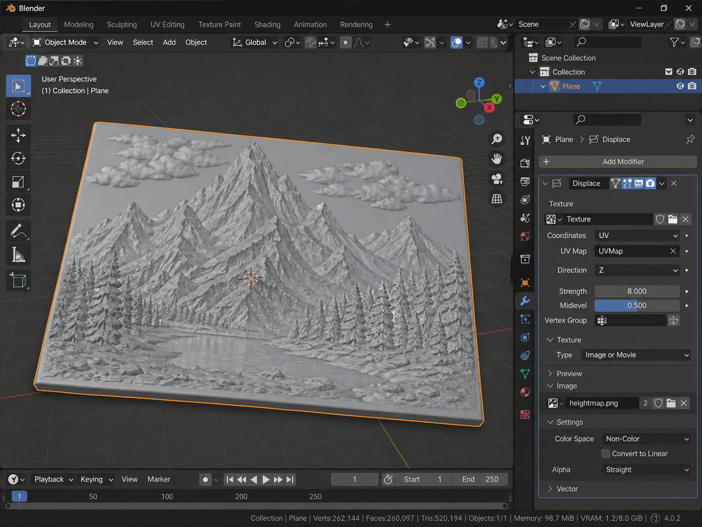Blender displacement modifier panel
