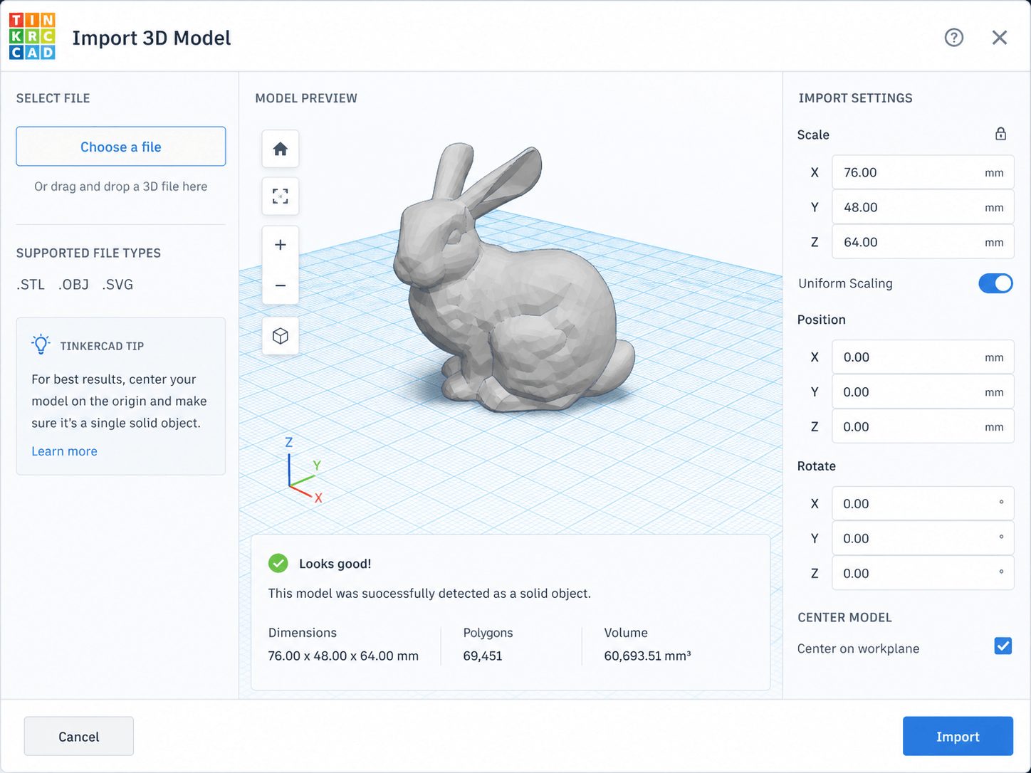 Tinkercad import dialog interface