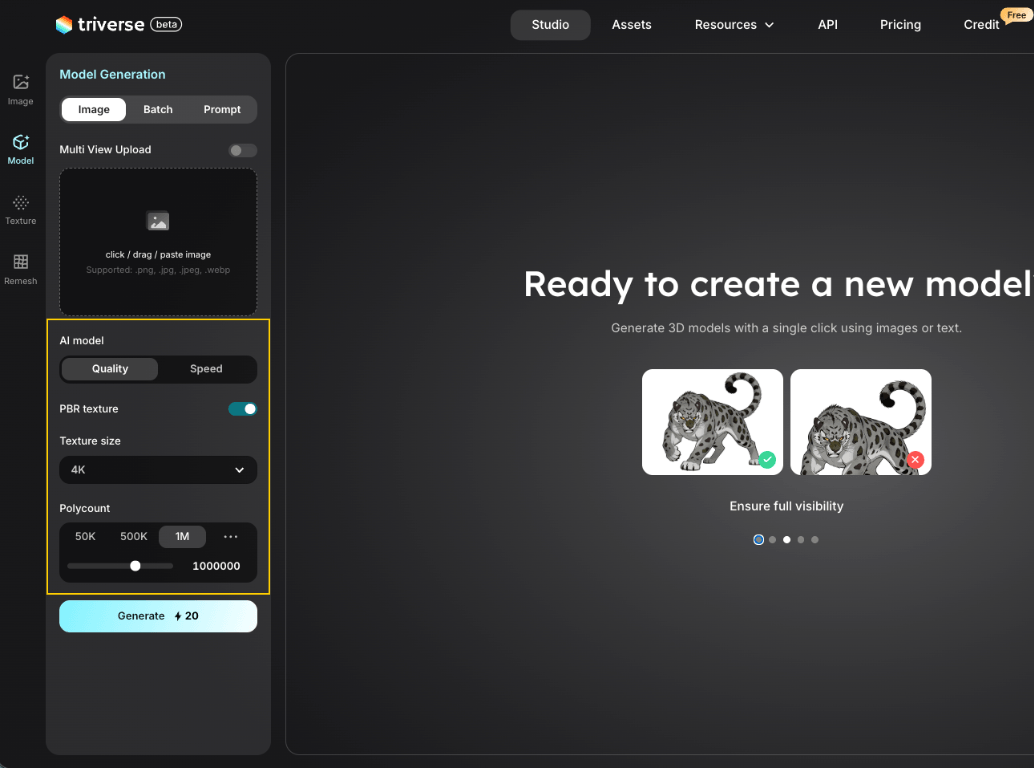 Model generation settings in Triverse AI