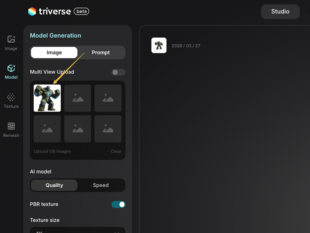 Triverse image to 3D upload