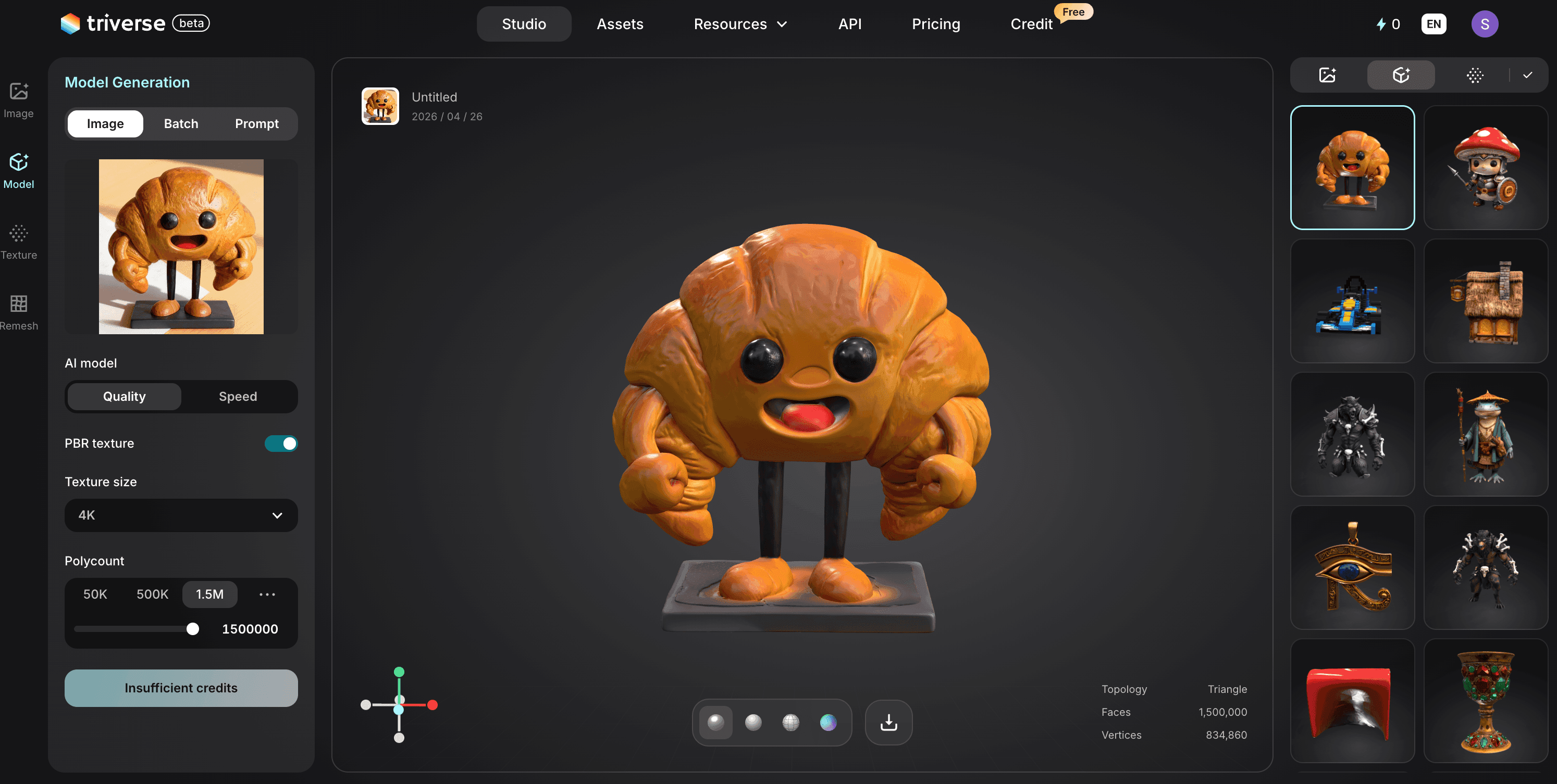 3D model of horned croissant generated by Triverse AI