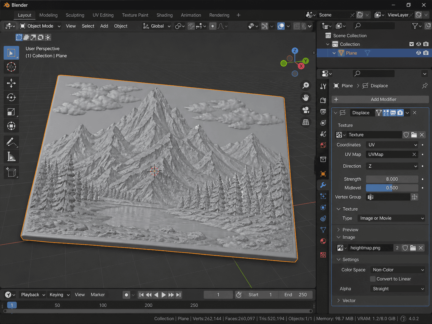 Blender displacement modifier panel
