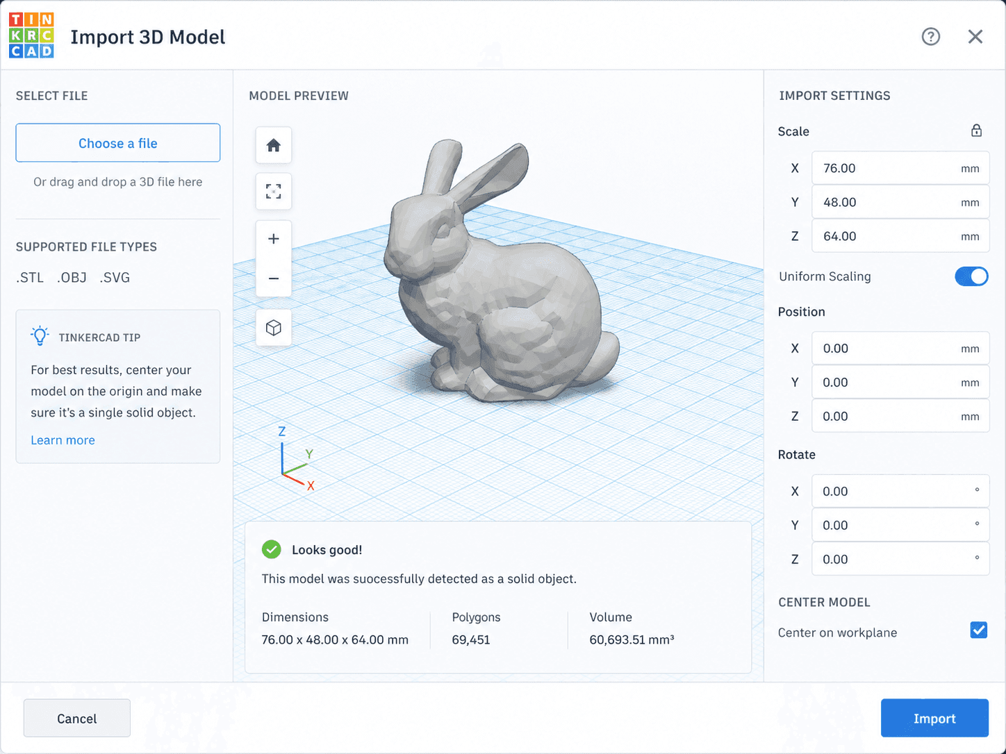 Tinkercad import dialog interface