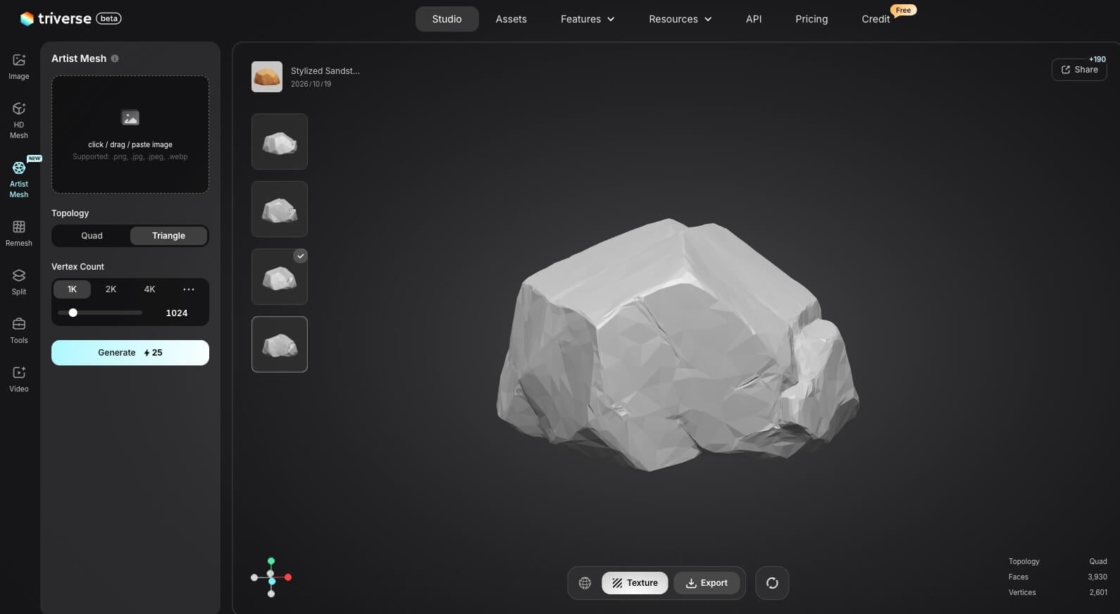 Triverse Artist Mesh interface showing a generated rock mesh and vertex settings.