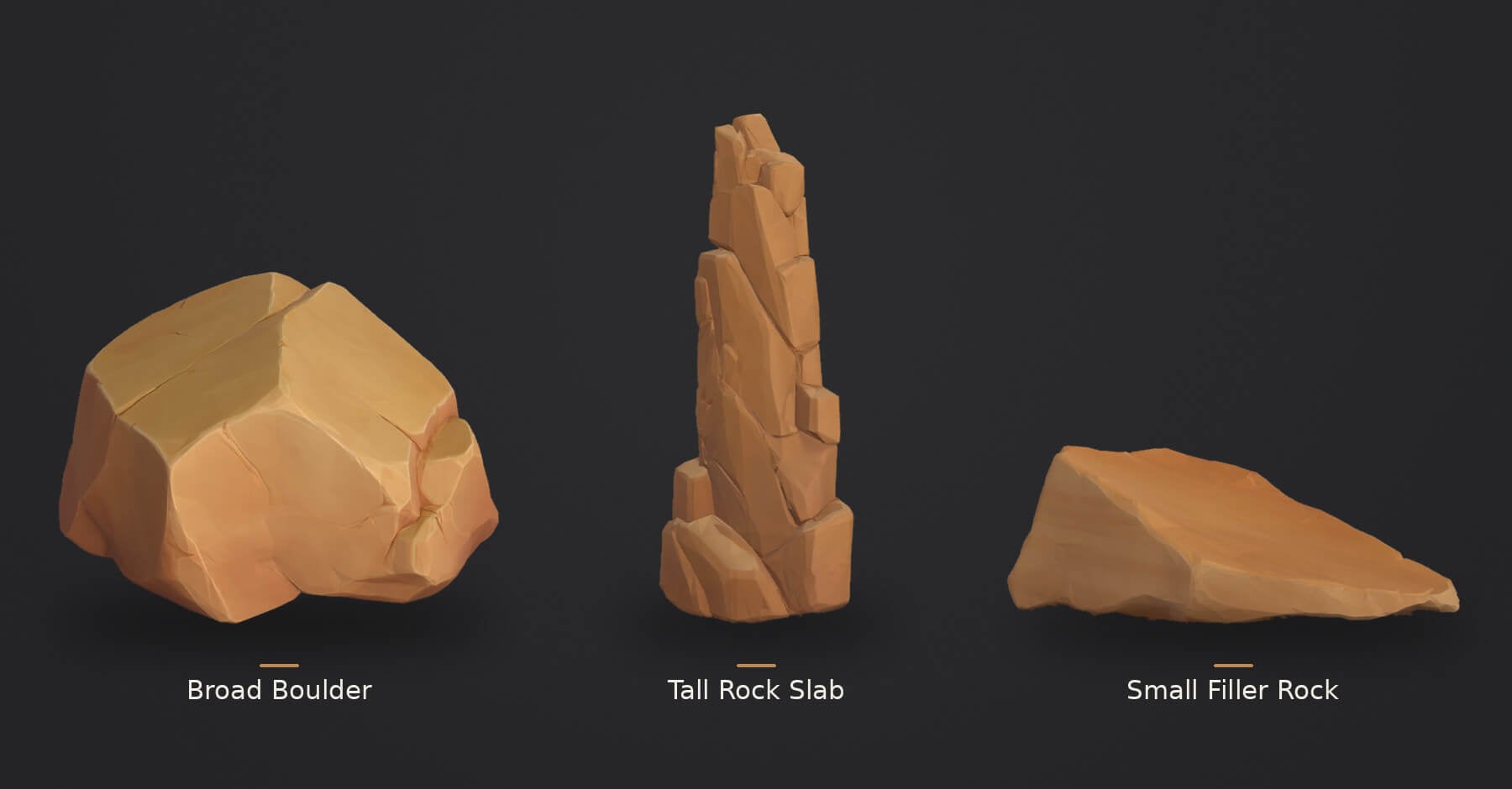 Three AI-generated rock models showing a broad boulder, tall rock slab, and flat filler rock.