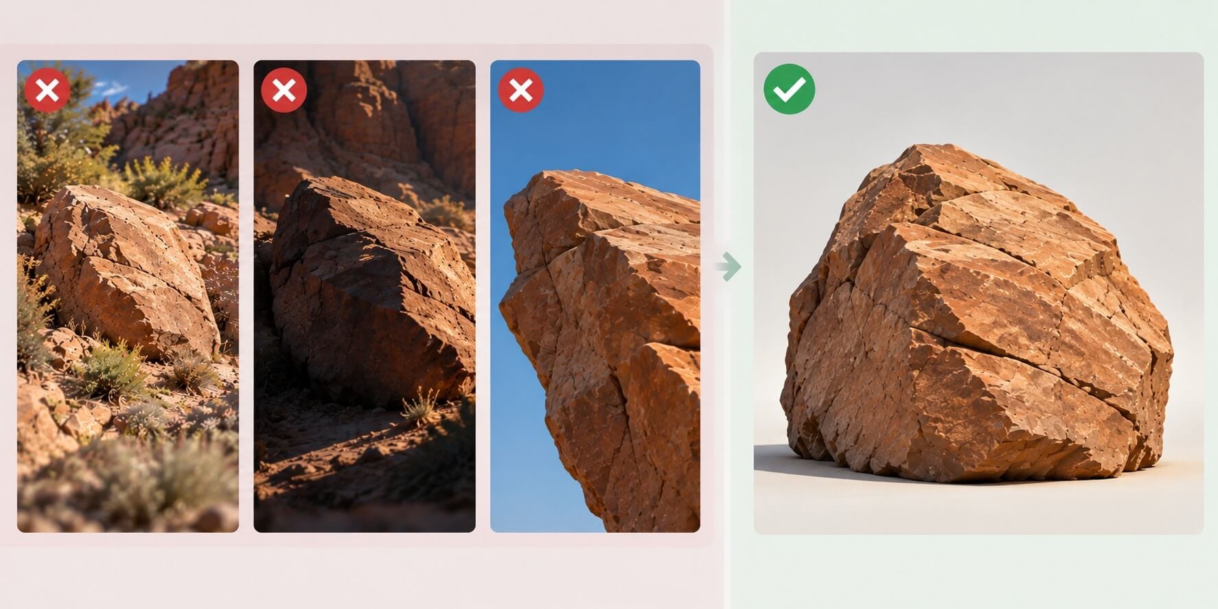 Comparison of unclear and clean rock reference images for AI 3D generation.