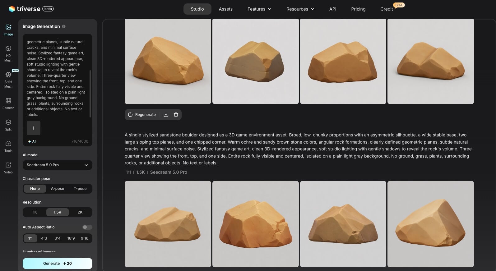 Stylized sandstone rock reference images generated with Triverse Text to Image.