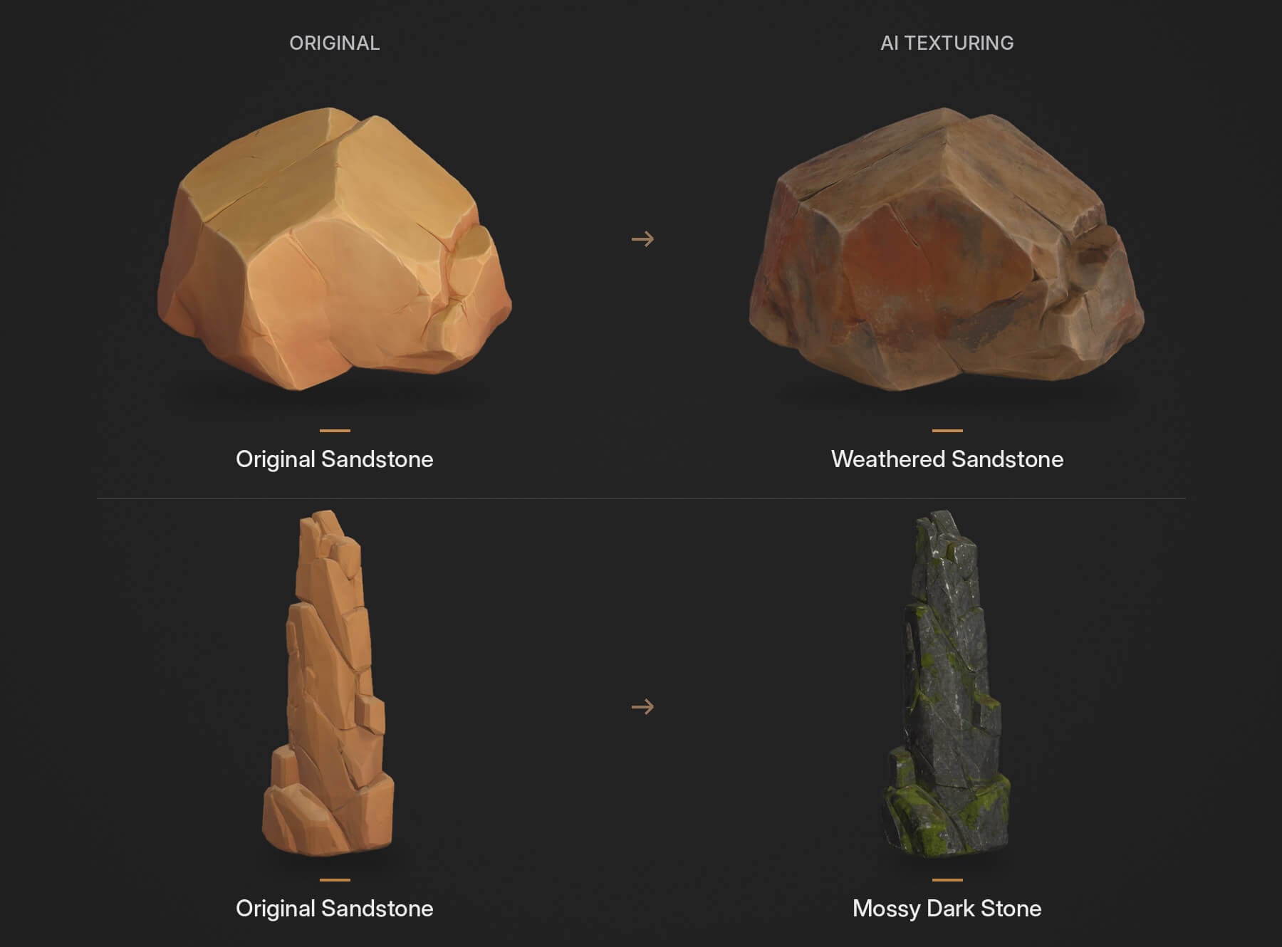 Before-and-after AI Texturing examples of weathered sandstone and moss-covered dark stone.