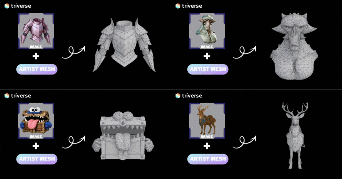 Triverse AI's Artist Mesh clean topology 3D model results