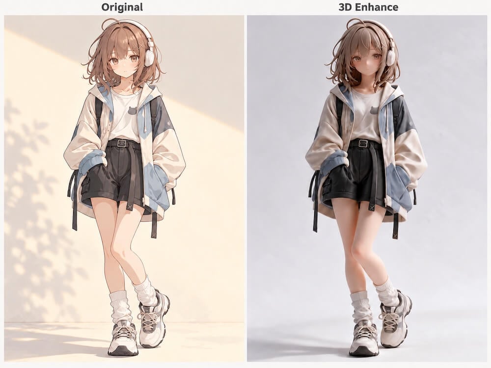 Printing_3D Enhance Comparison.png	A 2D anime illustration beside a dimensional rendering of the same character wearing headphones and a blue-and-white jacket.