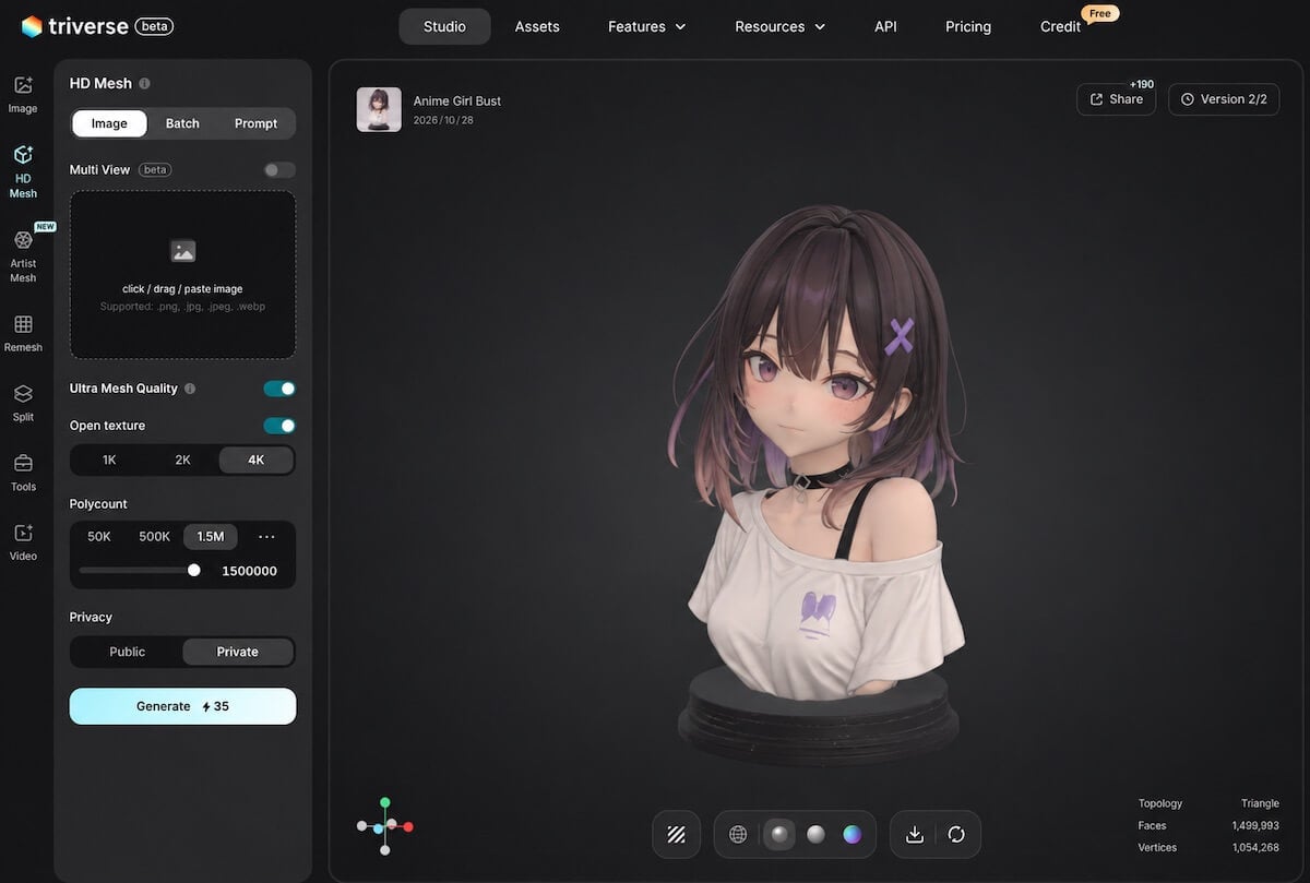 Anime girl bust with a purple hair clip and a black display base in the Triverse AI model viewer.