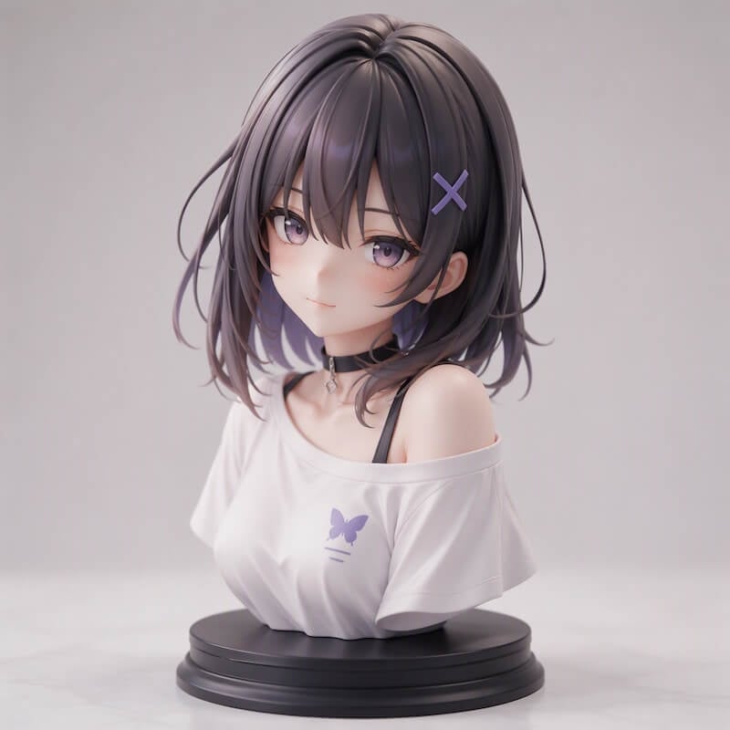 Anime bust reference with dark purple hair, a lilac hair clip, a white shirt, and a black display base.