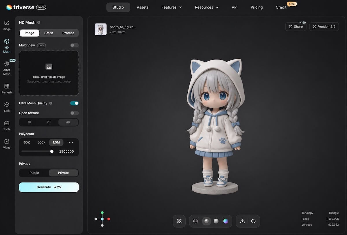 Cat-hood chibi figure with silver braids and a round display base in the Triverse AI model viewer.