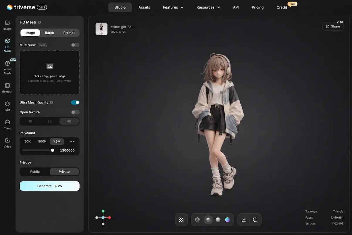 Full-body anime character wearing headphones and an oversized jacket in the Triverse AI model viewer.