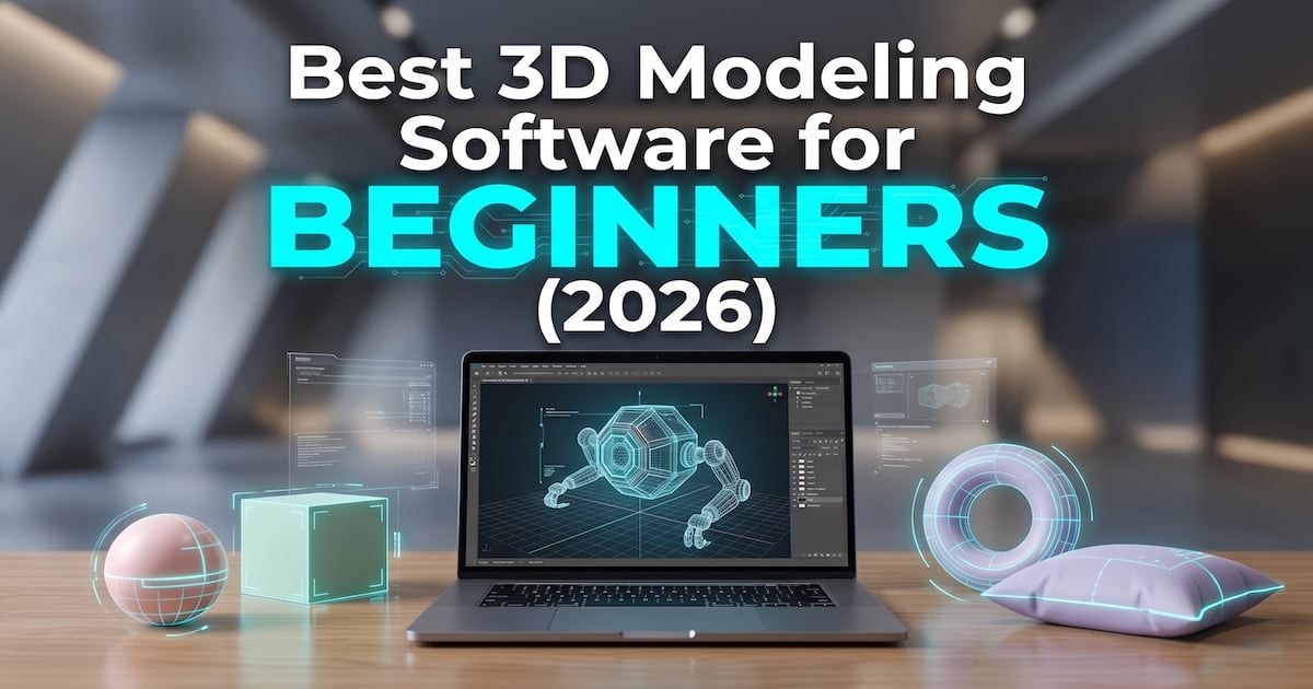 Best 3D modeling software for beginners in 2026, illustrated with a laptop displaying a 3D model and simple geometric shapes.