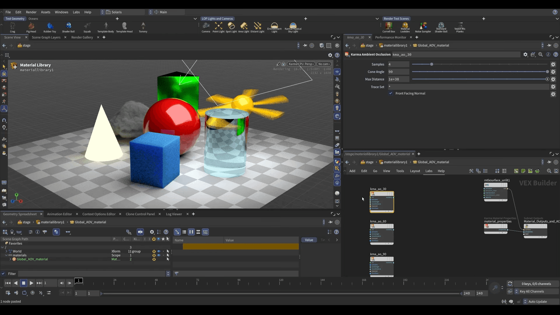 Houdini interface showing a 3D material test scene with geometric objects, ambient occlusion settings, and shader nodes.