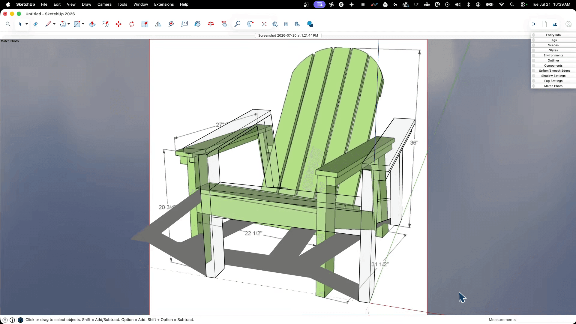 SketchUp 2026 interface displaying a green 3D Adirondack chair model with dimension annotations and construction guides.