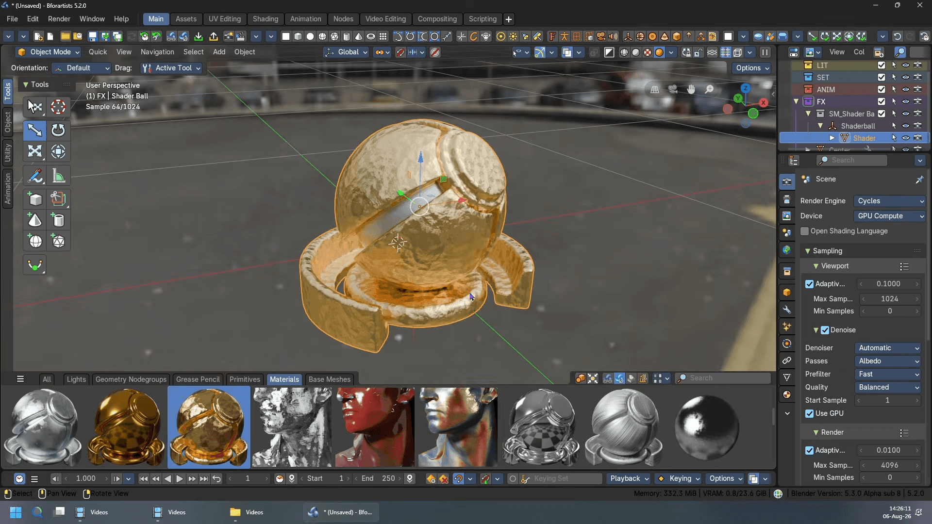 Bforartists 3D modeling interface displaying a gold metallic shader ball with material presets and Cycles rendering settings.