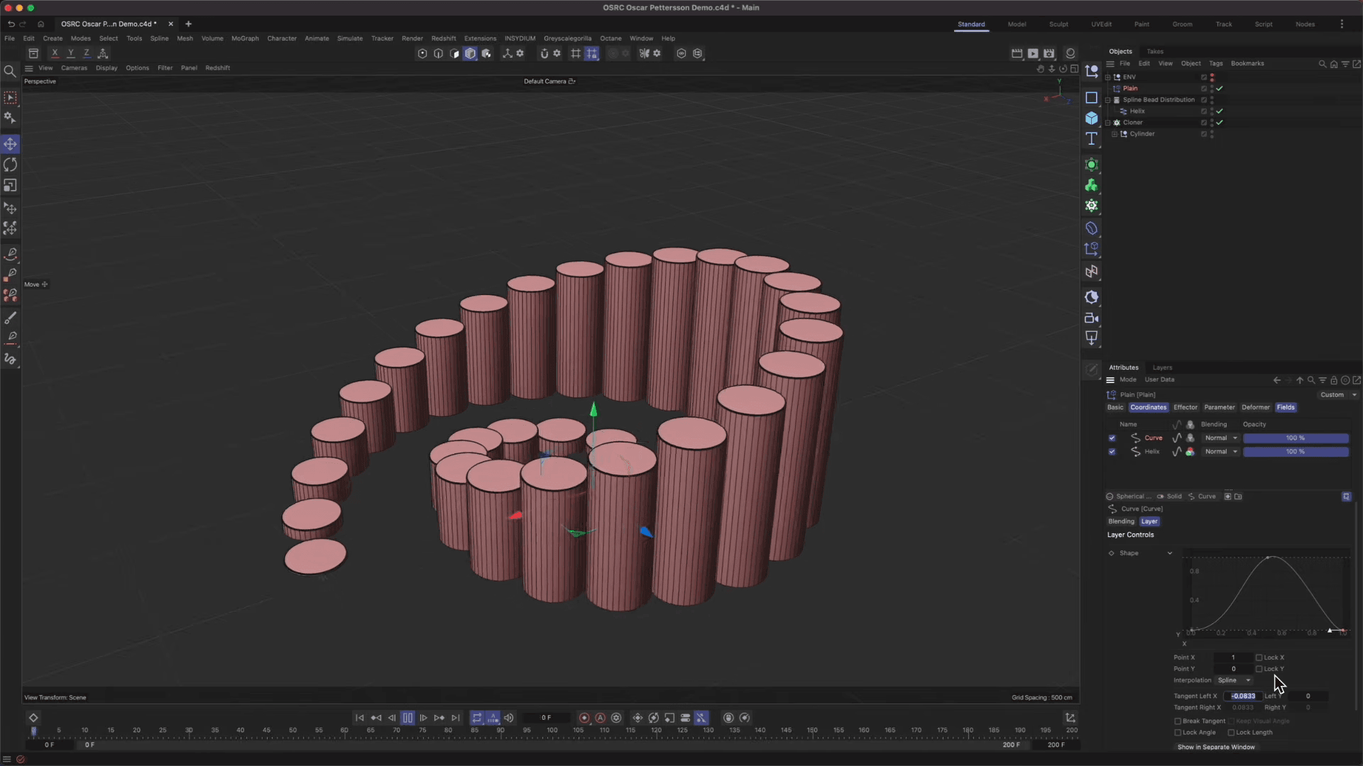 Cinema 4D viewport showing pink cylinders arranged along a spiral path using procedural modeling tools.