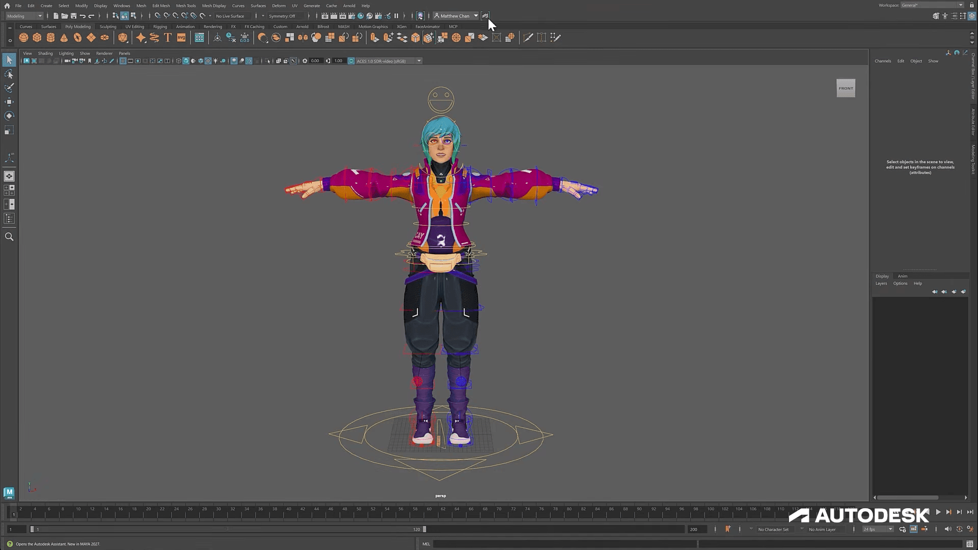 Autodesk Maya interface displaying a rigged stylized 3D character in a T-pose with visible animation controls.