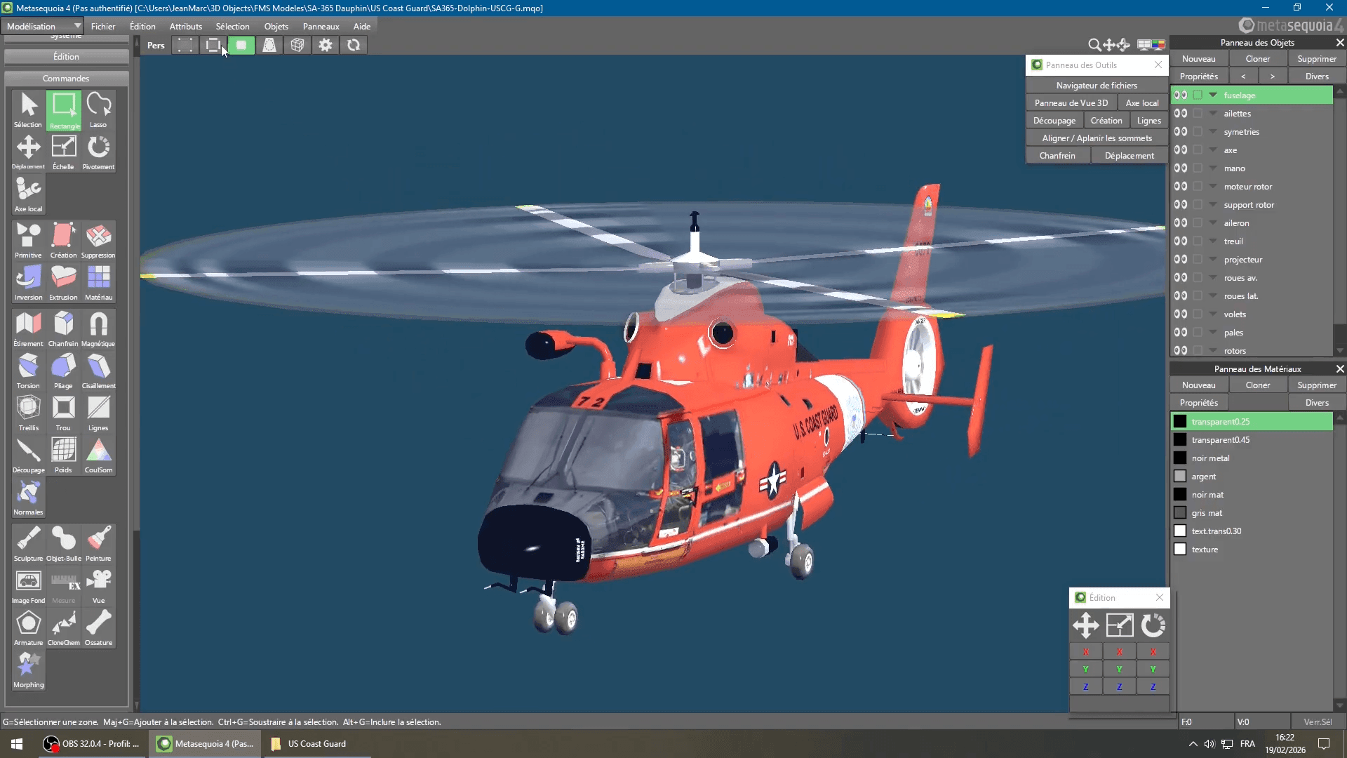 Metasequoia 4 modeling interface displaying a detailed 3D helicopter model with object and material panels.