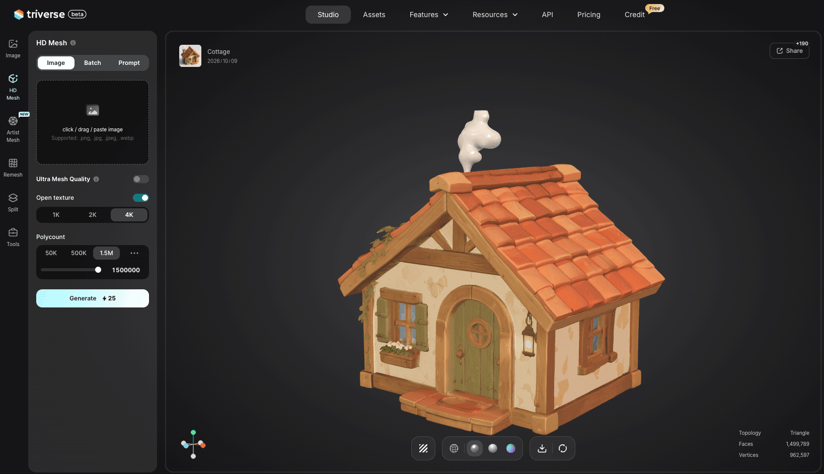 Triverse AI Studio displaying a stylized 3D cottage model generated with HD Mesh, alongside texture and polygon settings.