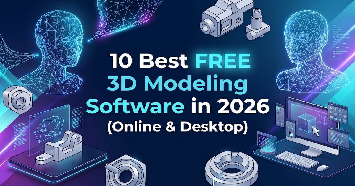10 best free 3D modeling software in 2026, featuring wireframe models, CAD parts, and online and desktop modeling tools.