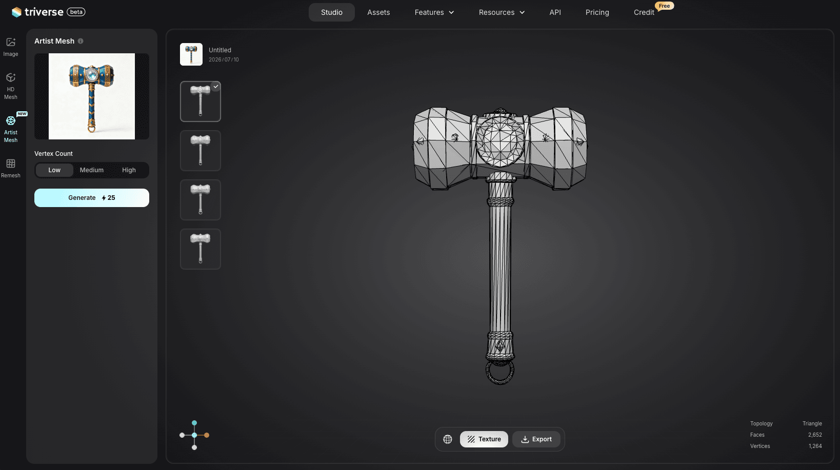 Fantasy Hammer low-poly model generated by Triverse