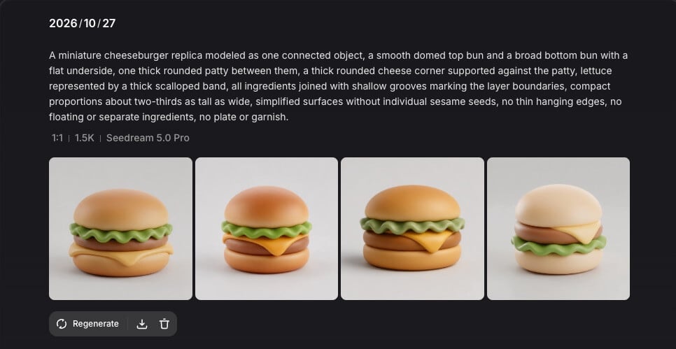 Four miniature cheeseburger reference images generated from a text prompt in Triverse AI.
