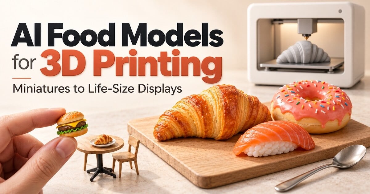 AI Food Models for 3D Printing cover featuring a 3D printer, a miniature burger and life-size food replicas.