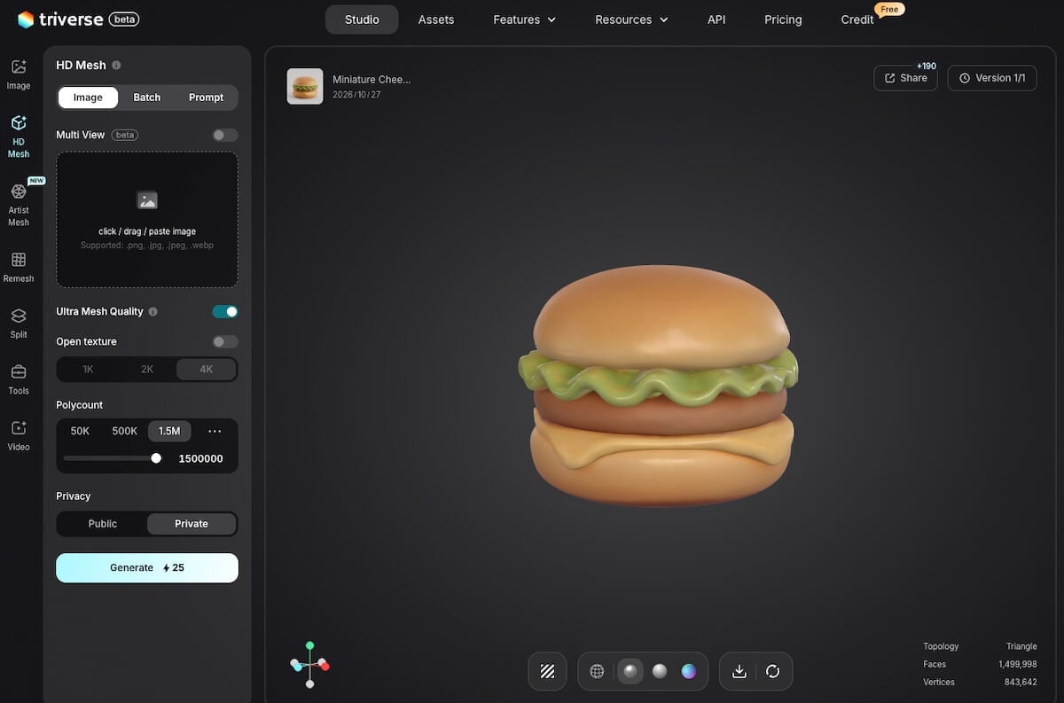 Miniature cheeseburger 3D model displayed in the Triverse AI HD Mesh interface.