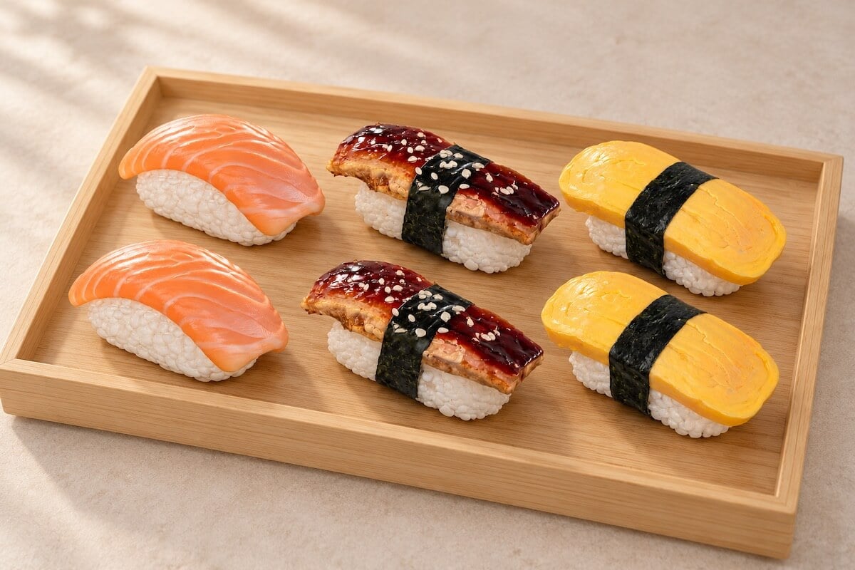 Six salmon, eel and tamago nigiri replicas arranged in a Japanese-style wooden serving tray.