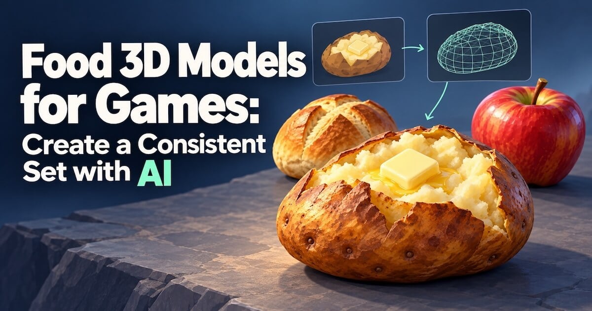 Food 3D models for games cover with a baked potato, bread, apple, and concept-to-mesh illustration