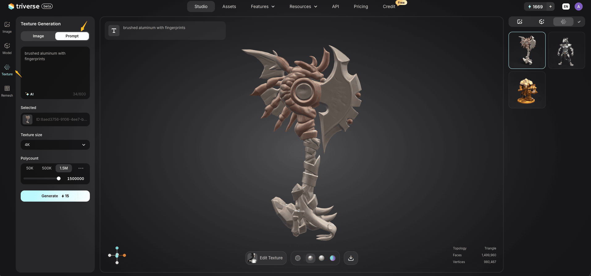 retextured 3D model in Triverse AI