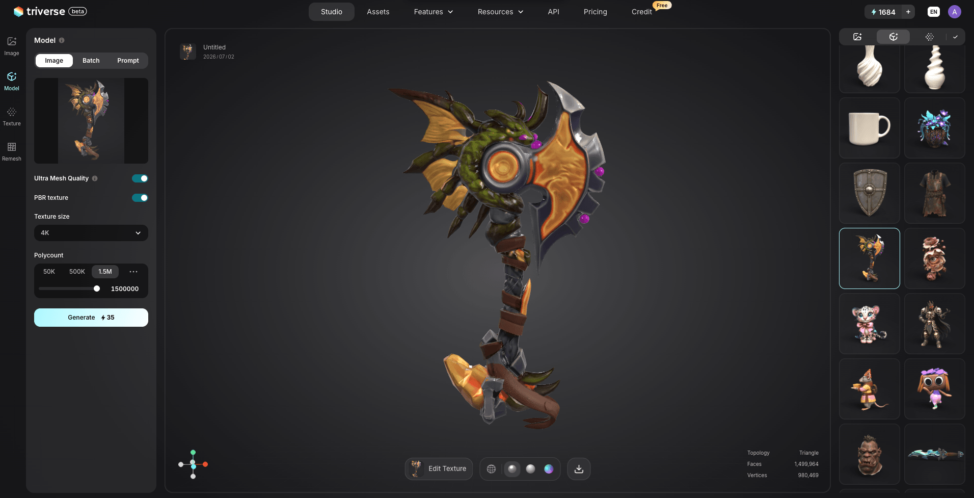 axe pbr textured 3D model generated by Triverse AI