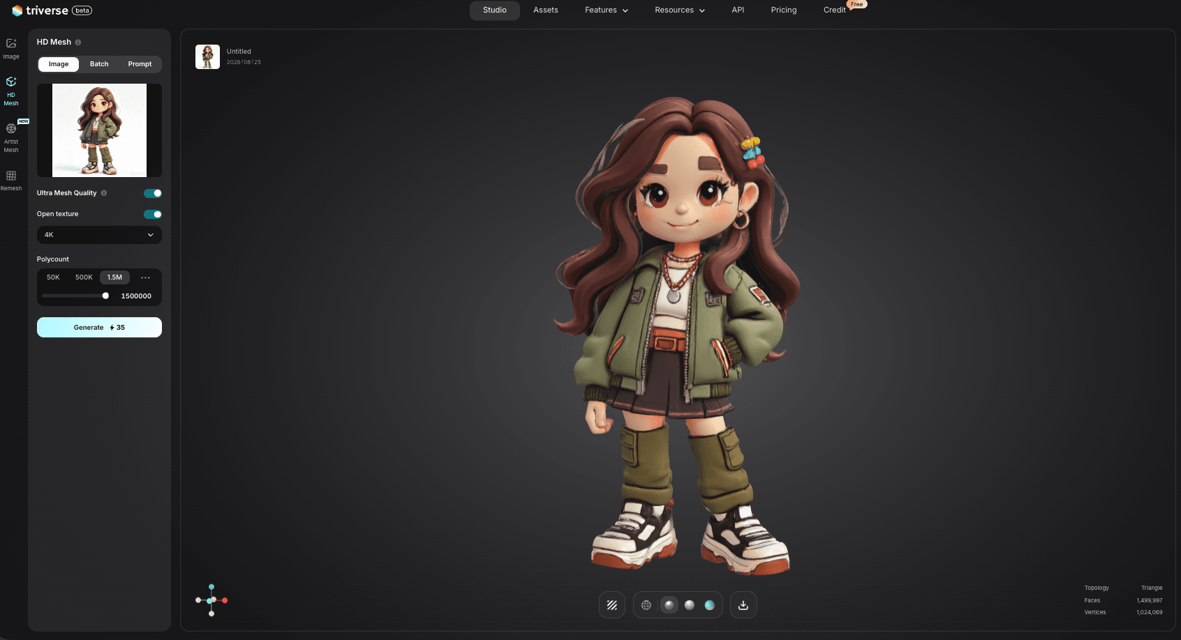 cute Pixar style girl 3D model generated by Triverse