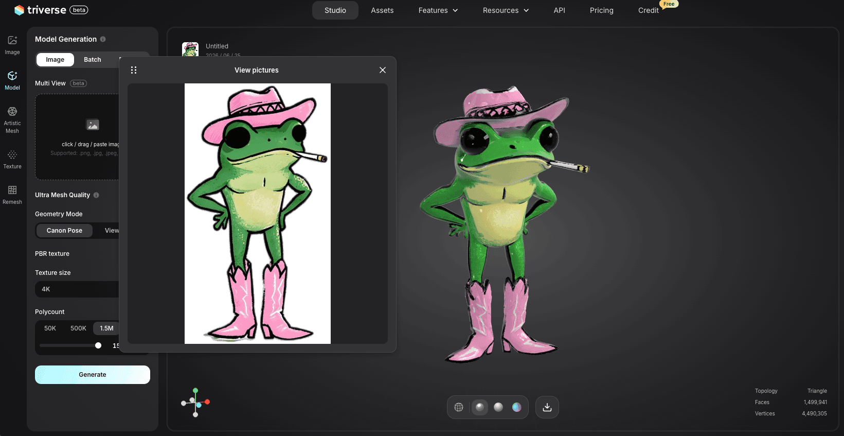 frog line drawing to 3D model with using Triverse AI