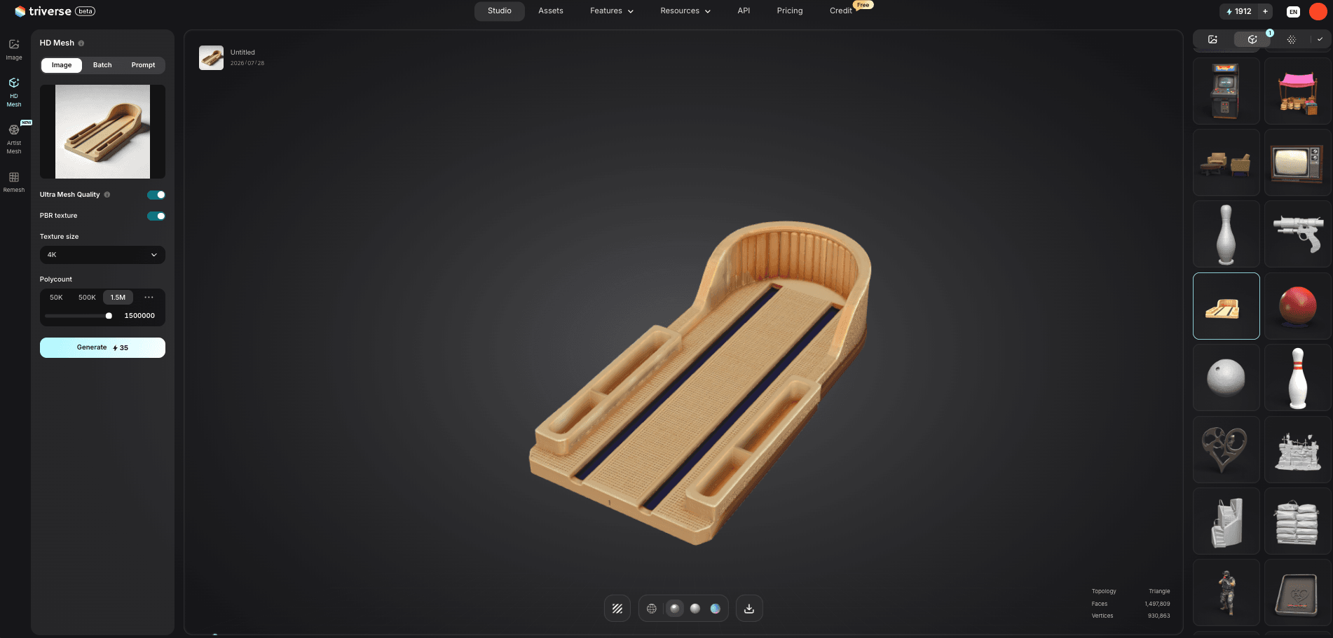 3D bowling gutters model generated by Triverse AI