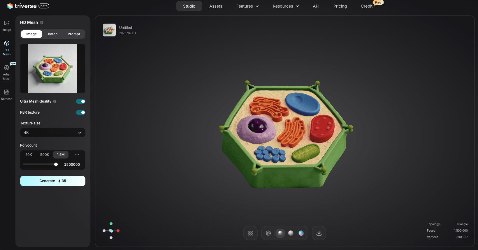 a plant cell 3D model generated by Triverse AI