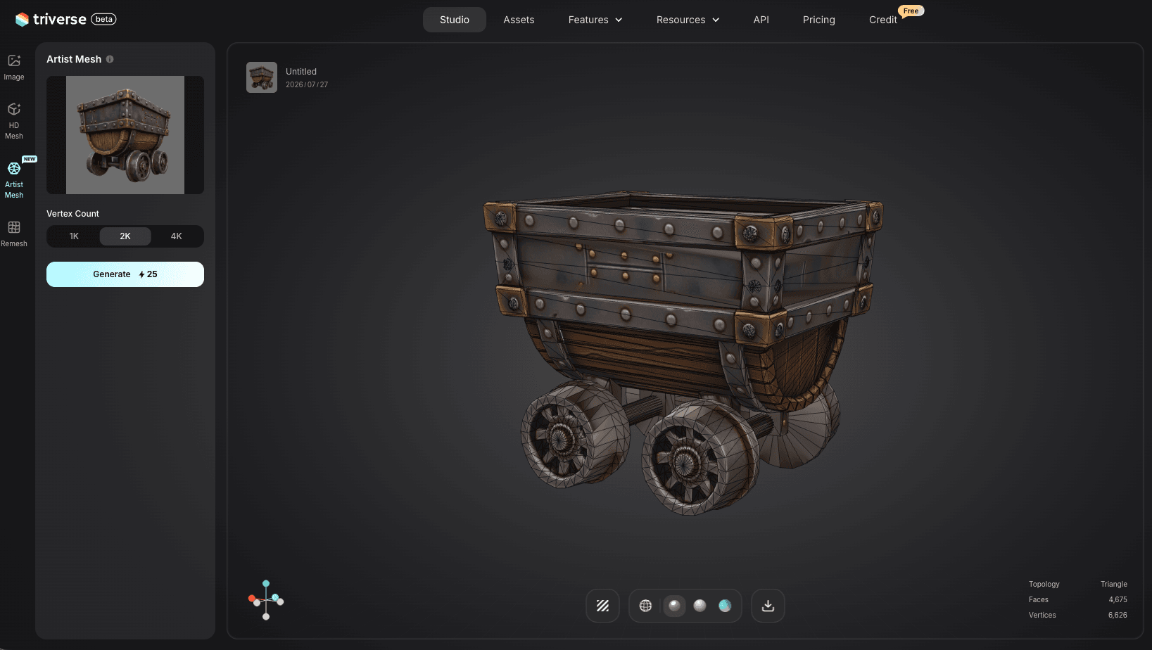 irony mine car low-poly model generated by Triverse AI