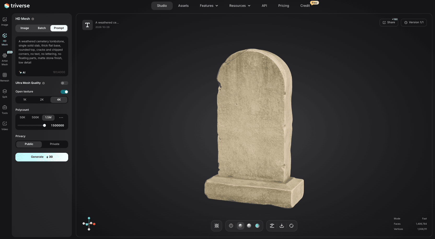 blank tombstone 3D model generated by Triverse AI