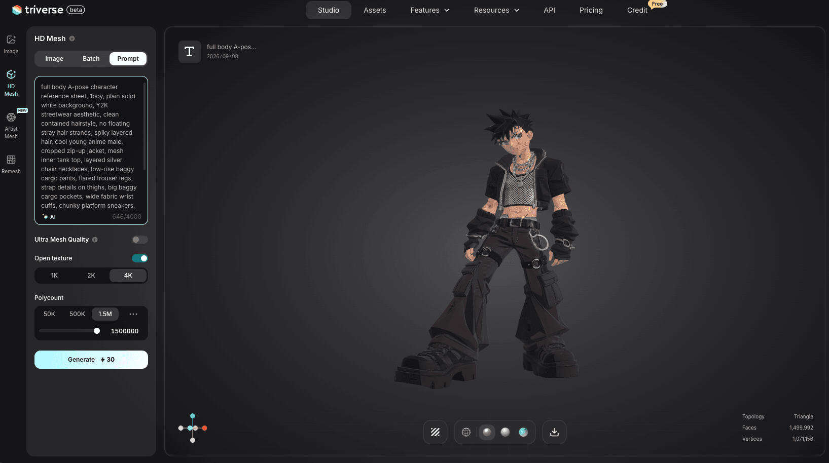 Y2K style boy full body 3D model generated by Triverse AI
